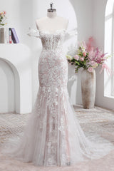 White Off the Shoulder Mermaid Corset Sweep Train Wedding Dress with Applique Lace