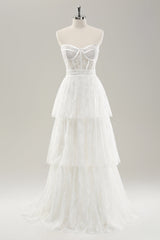 Beauty White Sweetheart Corset Tiered Lace Long Wedding Dress