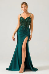 Sparkly Dark Green Mermaid Sequin Pleated Corset Maxi Dress with Slit